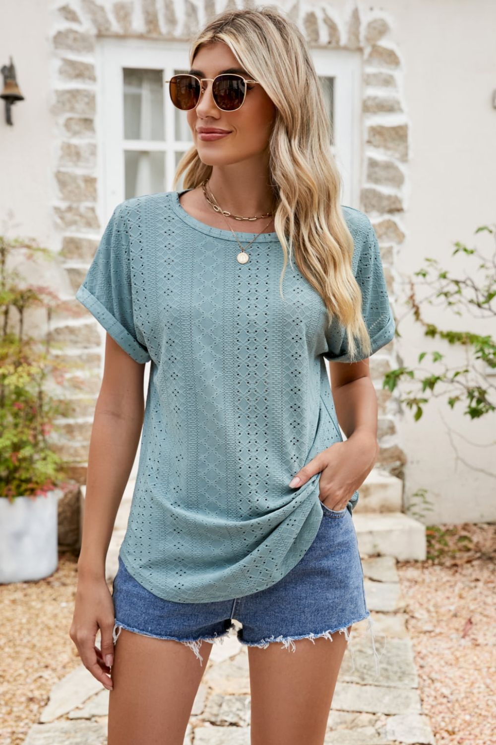 Full Size Round Neck Eyelet Short Sleeve Top - Classique Collection
