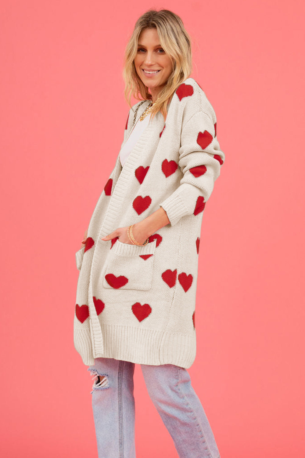 Heart Graphic Open Front Cardigan with Pockets - ClassiQ