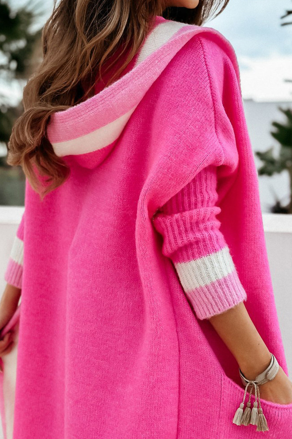 Pocketed Contrast Long Sleeve Hooded Cardigan - ClassiQ