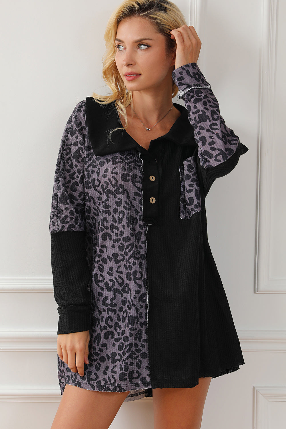 Half Button Leopard Collared Neck Blouse - Classique Collection