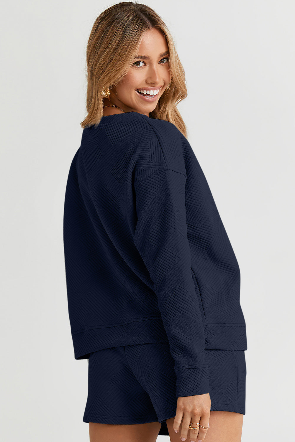Double Take Full Size Texture Long Sleeve Top and Drawstring Shorts Set - ClassiQ