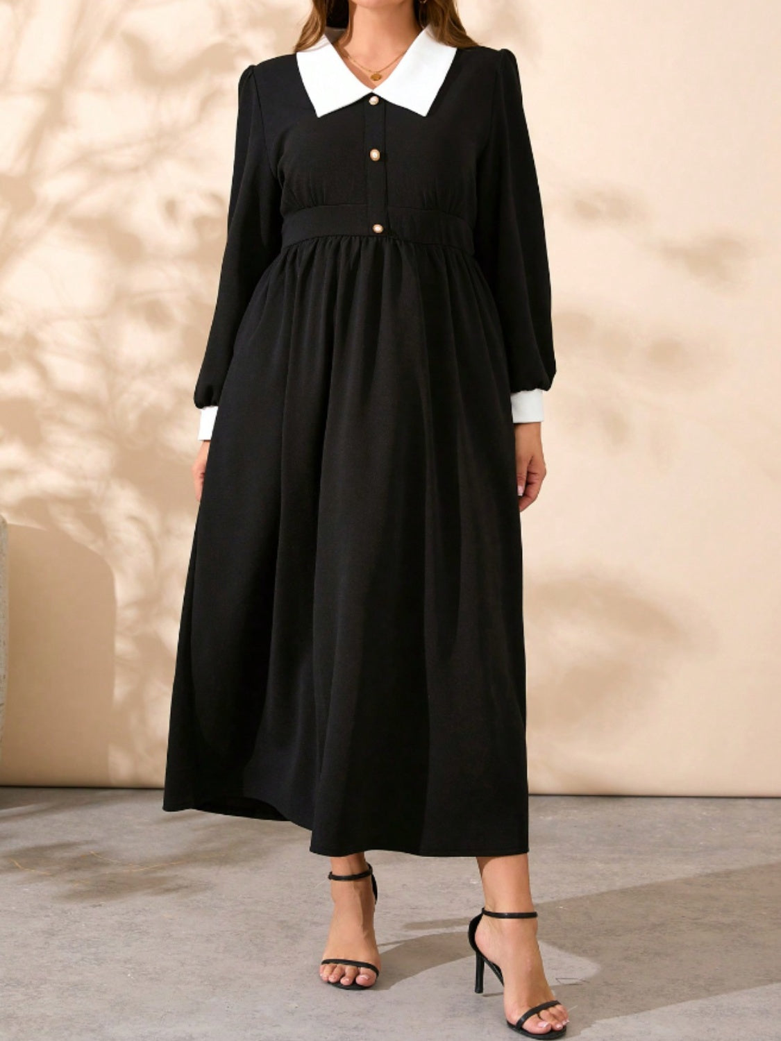 Plus Size Contrast Collared Neck Long Sleeve Midi Dress - Classique Collection