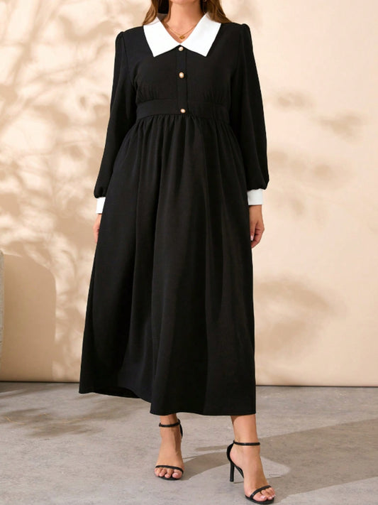 Plus Size Contrast Collared Neck Long Sleeve Midi Dress - Classique Collection