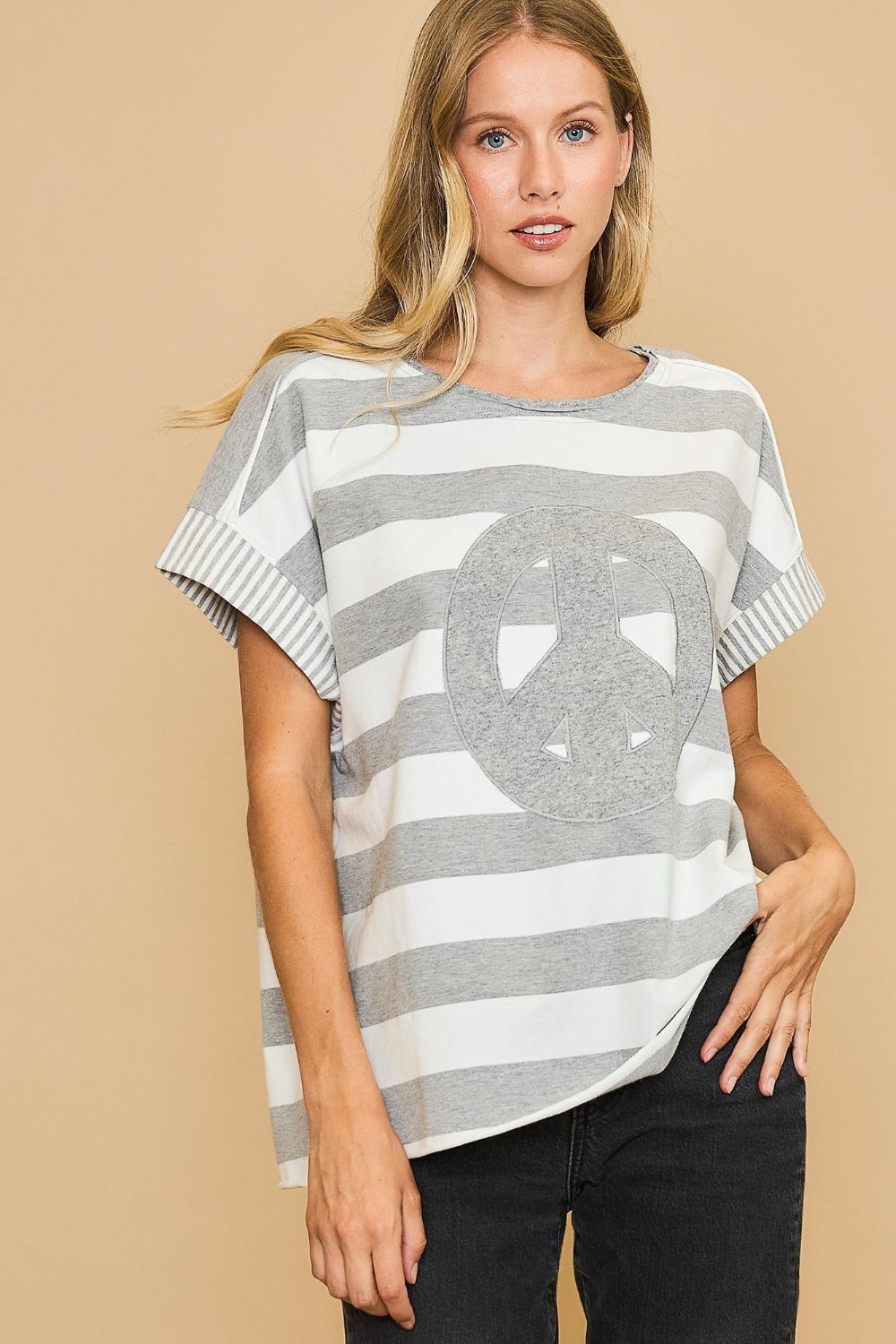 Umgee Peace Sign Patch Striped French Terry T-Shirt - Classique Collection