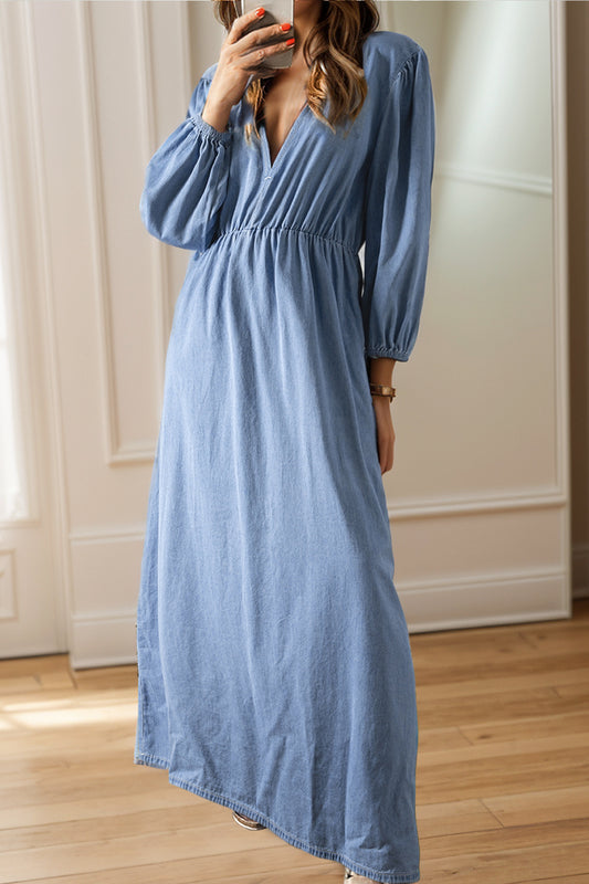 Tied Plunge Three-Quarter Sleeve Denim Dress - Classique Collection