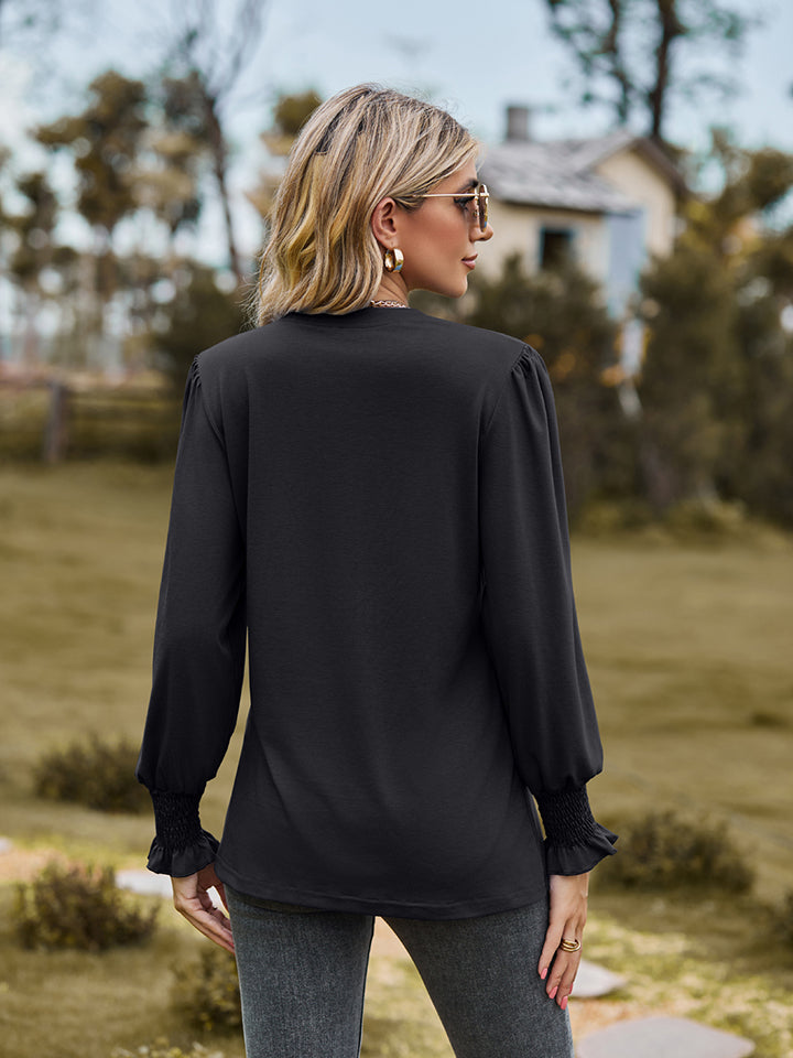 Notched Neck Flounce Sleeve Blouse - Classique Collection