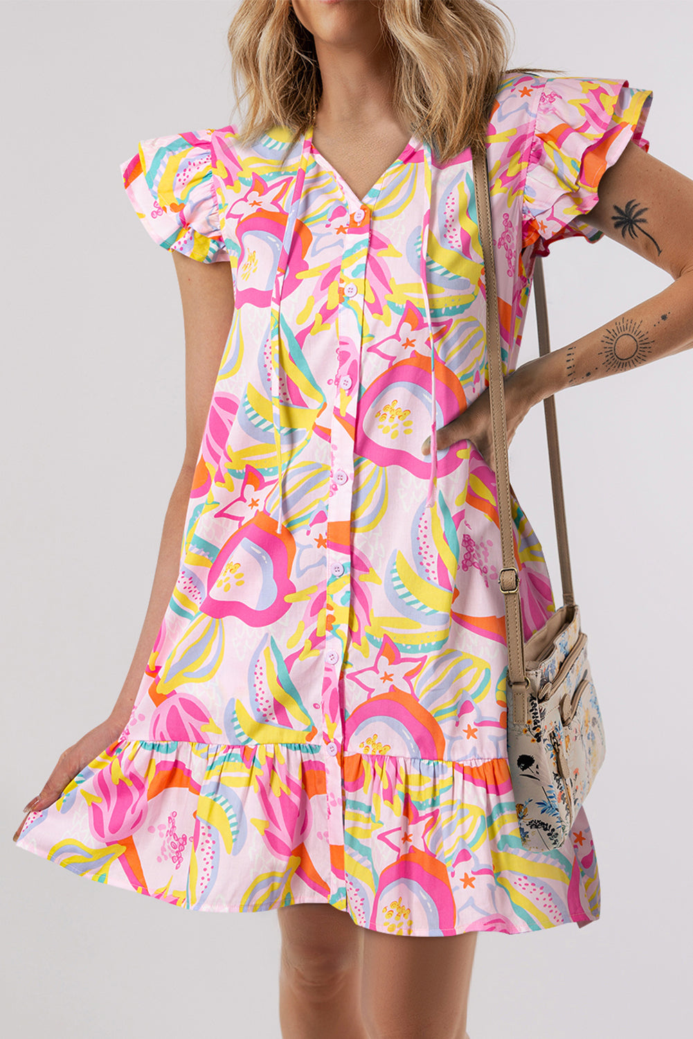 Pink Abstract Floral Ruffle Trim Flutter Sleeve Buttoned Dress ClassiQ