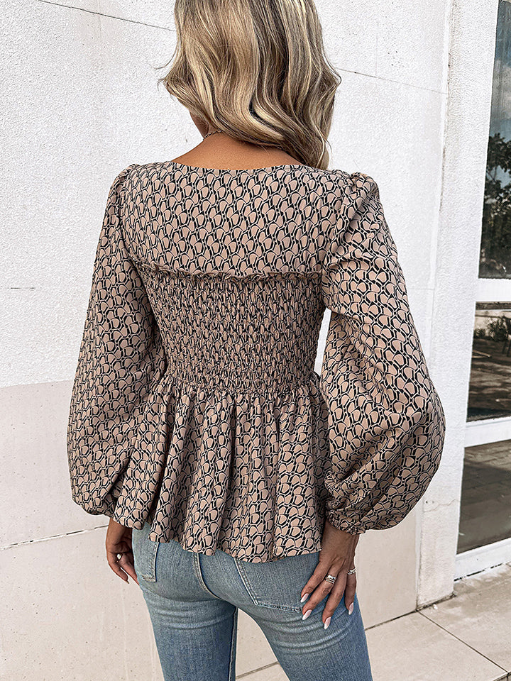 Honey Printed Square Neck Long Sleeve Blouse - Classique Collection