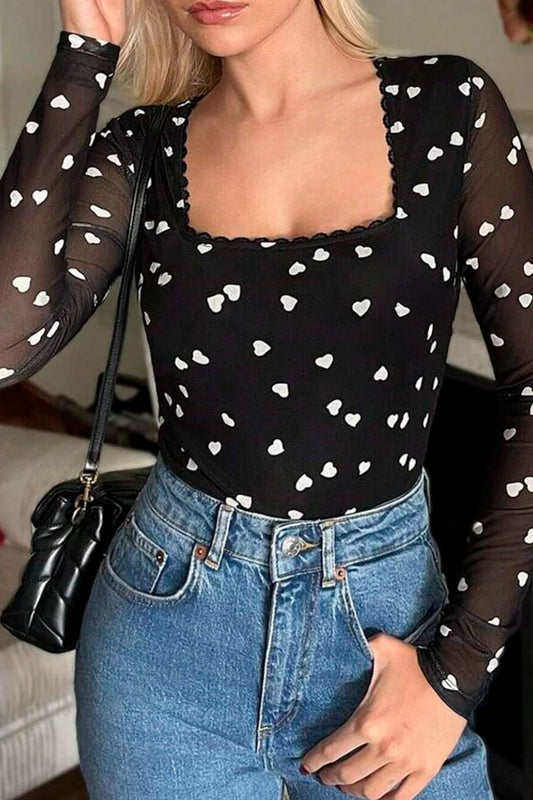 Heart Square Neck Long Sleeve Bodysuit - Classique Collection
