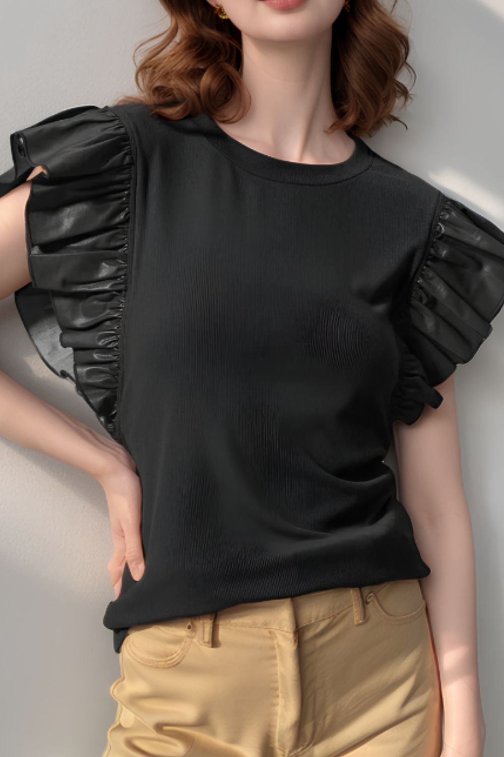 Ruffled Round Neck Cap Sleeve Blouse - Classique Collection