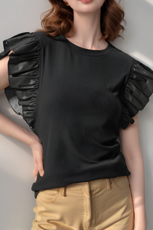 Ruffled Round Neck Cap Sleeve Blouse - Classique Collection
