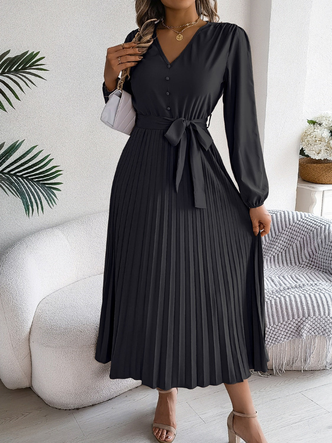 Pleated Tied V-Neck Long Sleeve Dress - Classique Collection