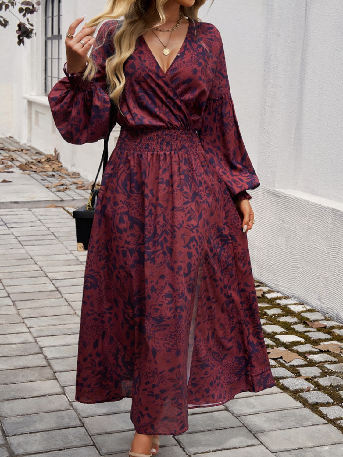 Devine Split Printed Surplice Long Sleeve Midi Dress - Classique Collection