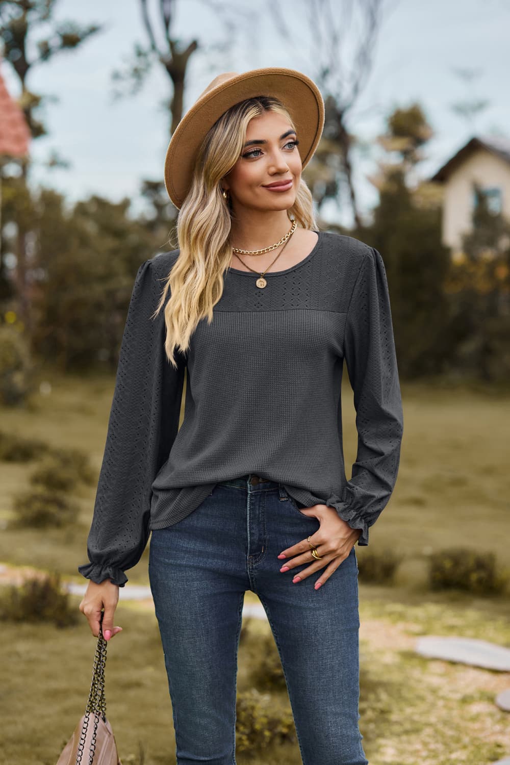 Round Neck Puff Sleeve Blouse - Classique Collection