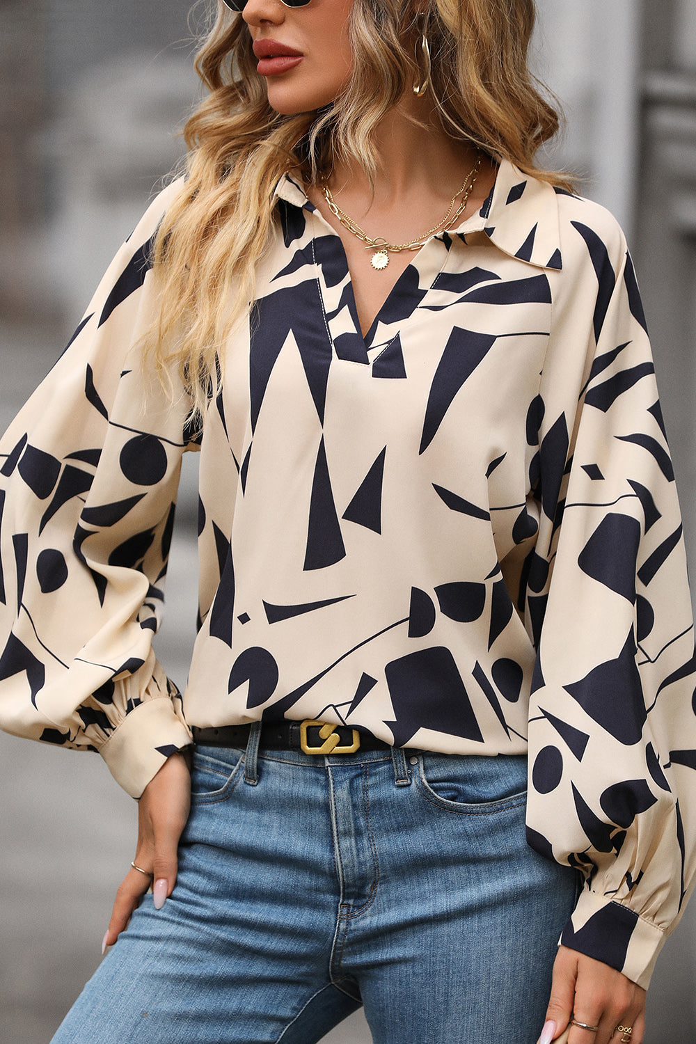 Perfee Printed Johnny Collar Blouse - Classique Collection
