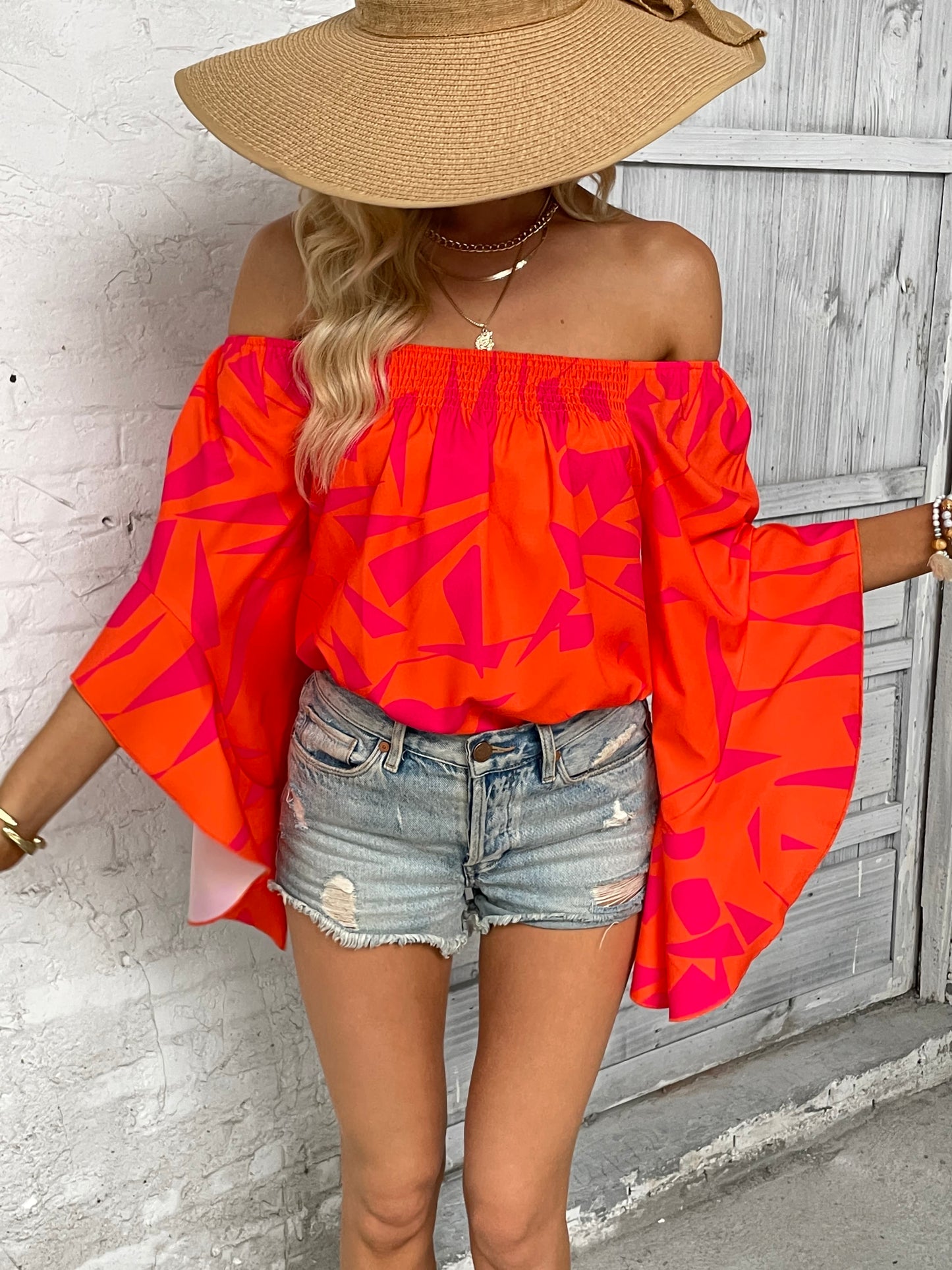 Printed Off-Shoulder Bell Sleeve Blouse - Classique Collection