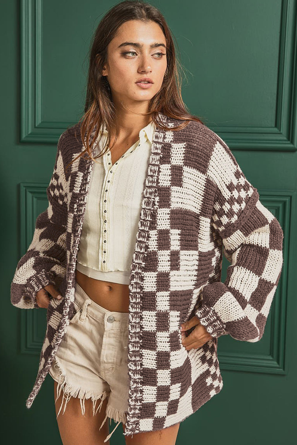 Checkered Open Front Long Sleeve Cardigan - ClassiQ