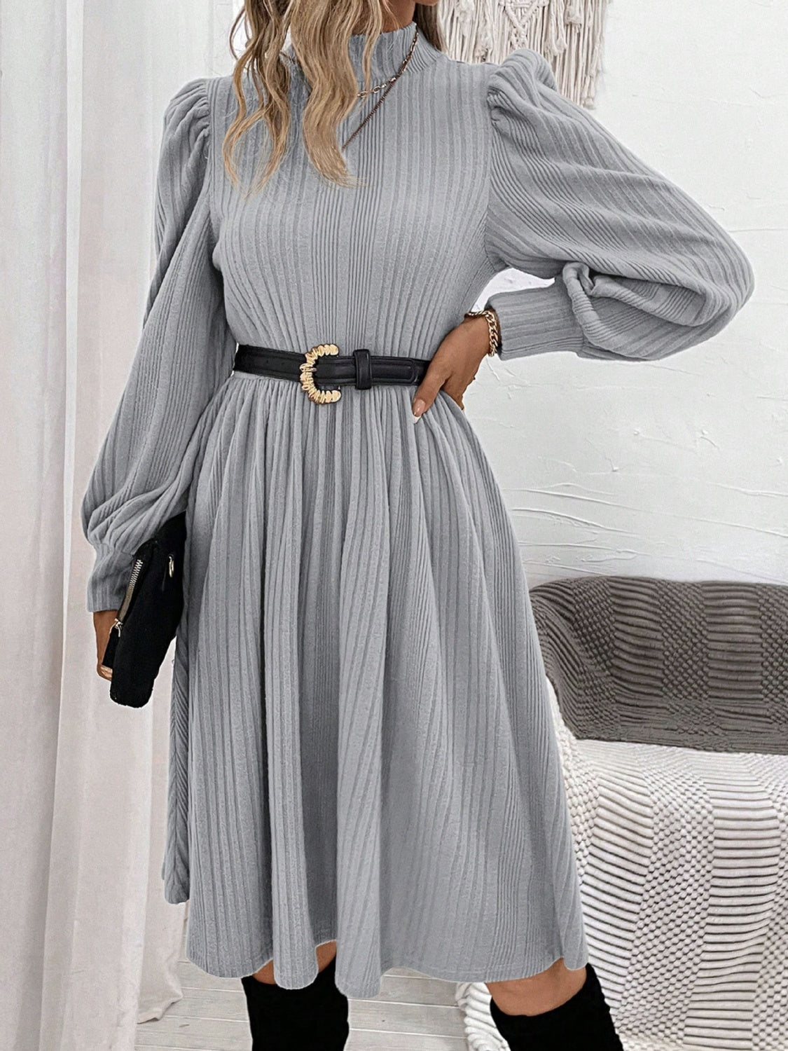 Textured Turtleneck Long Sleeve Dress - Classique Collection