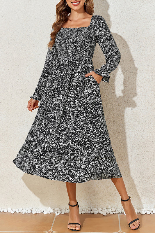 Printed Square Neck Long Sleeve Midi Dress - Classique Collection
