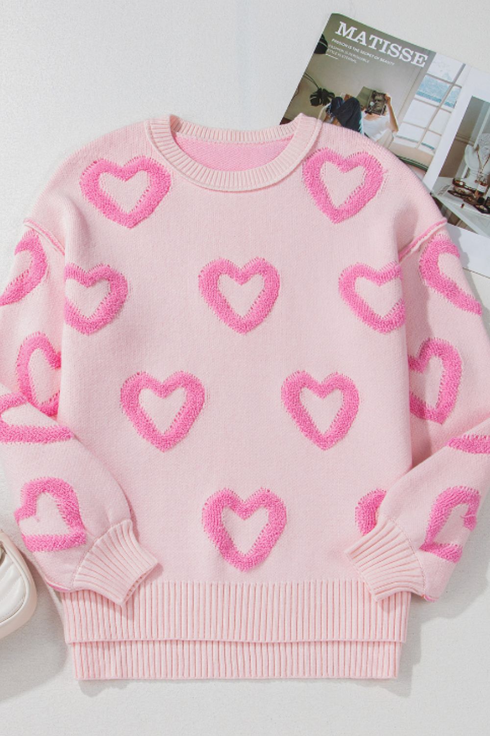High-Low Heart Round Neck Long Sleeve Sweater - ClassiQ
