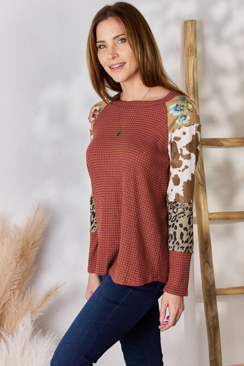 Hailey & Co Full Size Leopard Waffle-Knit Blouse - Classique Collection