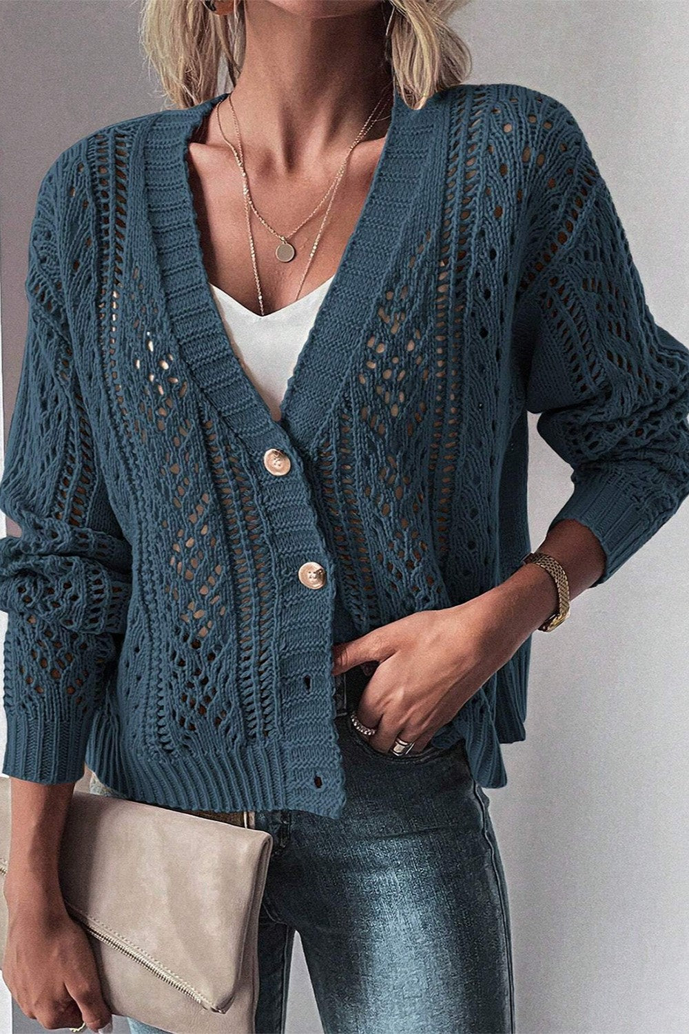 Openwork Button Up Long Sleeve Cardigan - ClassiQ