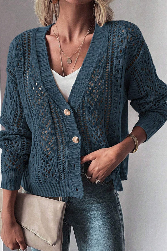 Openwork Button Up Long Sleeve Cardigan - ClassiQ