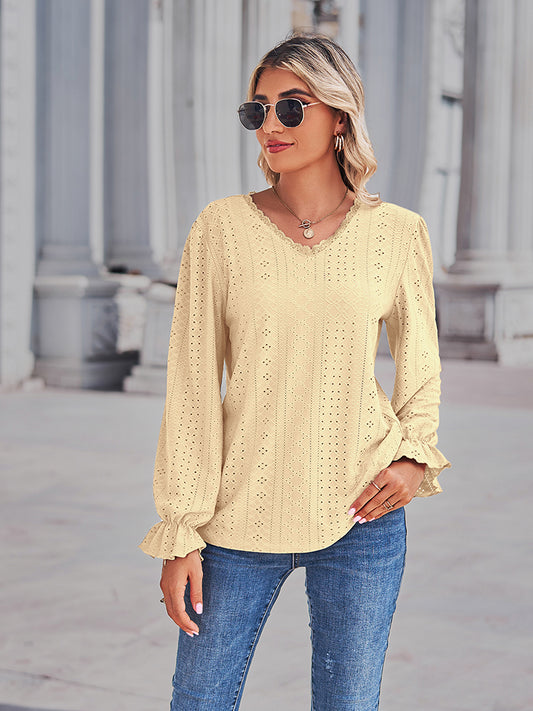 Eyelet V-Neck Flounce Sleeve Blouse - Classique Collection
