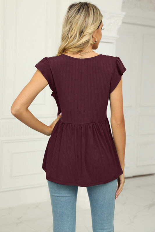 V-Neck Flutter Sleeve Babydoll Blouse - Classique Collection