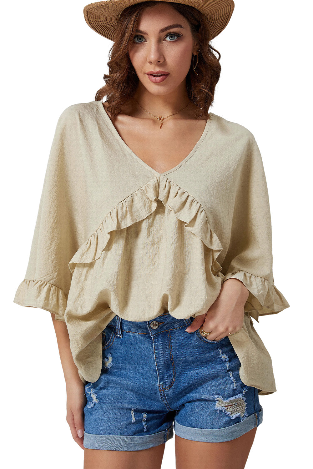 Ruffled V-Neck Half Sleeve Blouse - Classique Collection