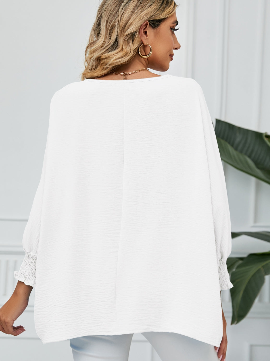 Smocked Lantern Sleeve Round Neck Blouse - Classique Collection