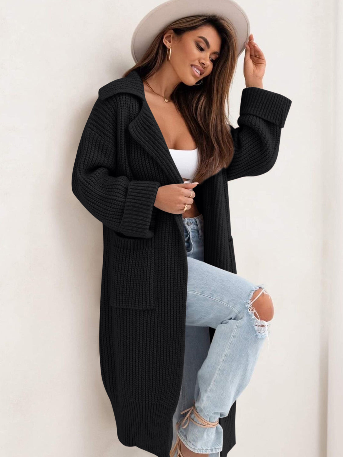 Pocketed Collared Neck Dropped Shoulder Cardigan - ClassiQ