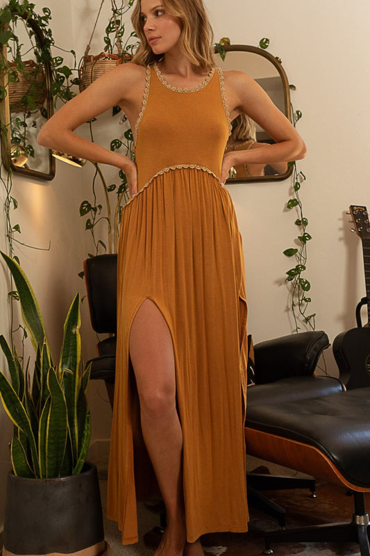 POL Sleeveless Back Zipper Front Slit Maxi Dress - Classique Collection