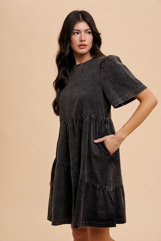 Annie Wear Mineral Washed Round Neck Short Sleeve Denim Dress - ClassiQ