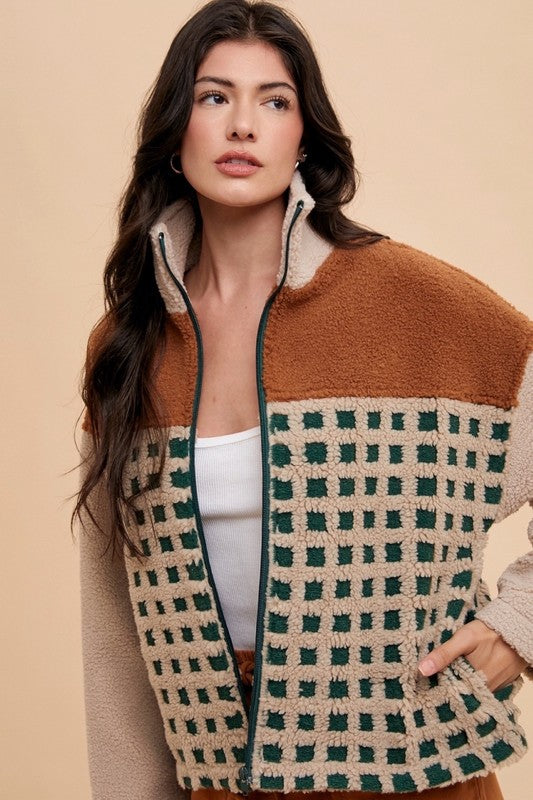 Annie Wear Plaid Zip Up Drop Shoulder Sherpa Jacket - ClassiQ