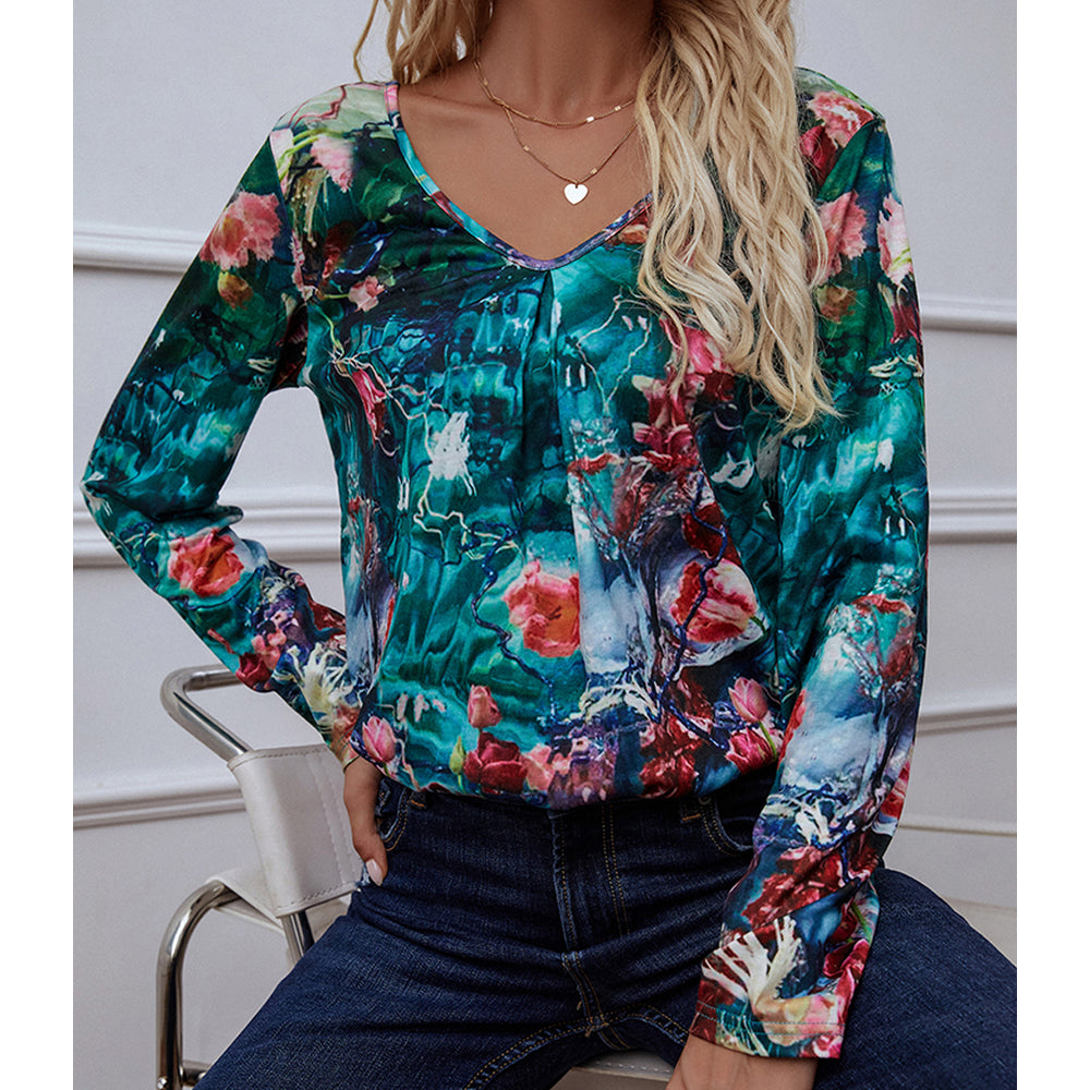 Shiny Printed V-Neck Long Sleeve Blouse - ClassiQ
