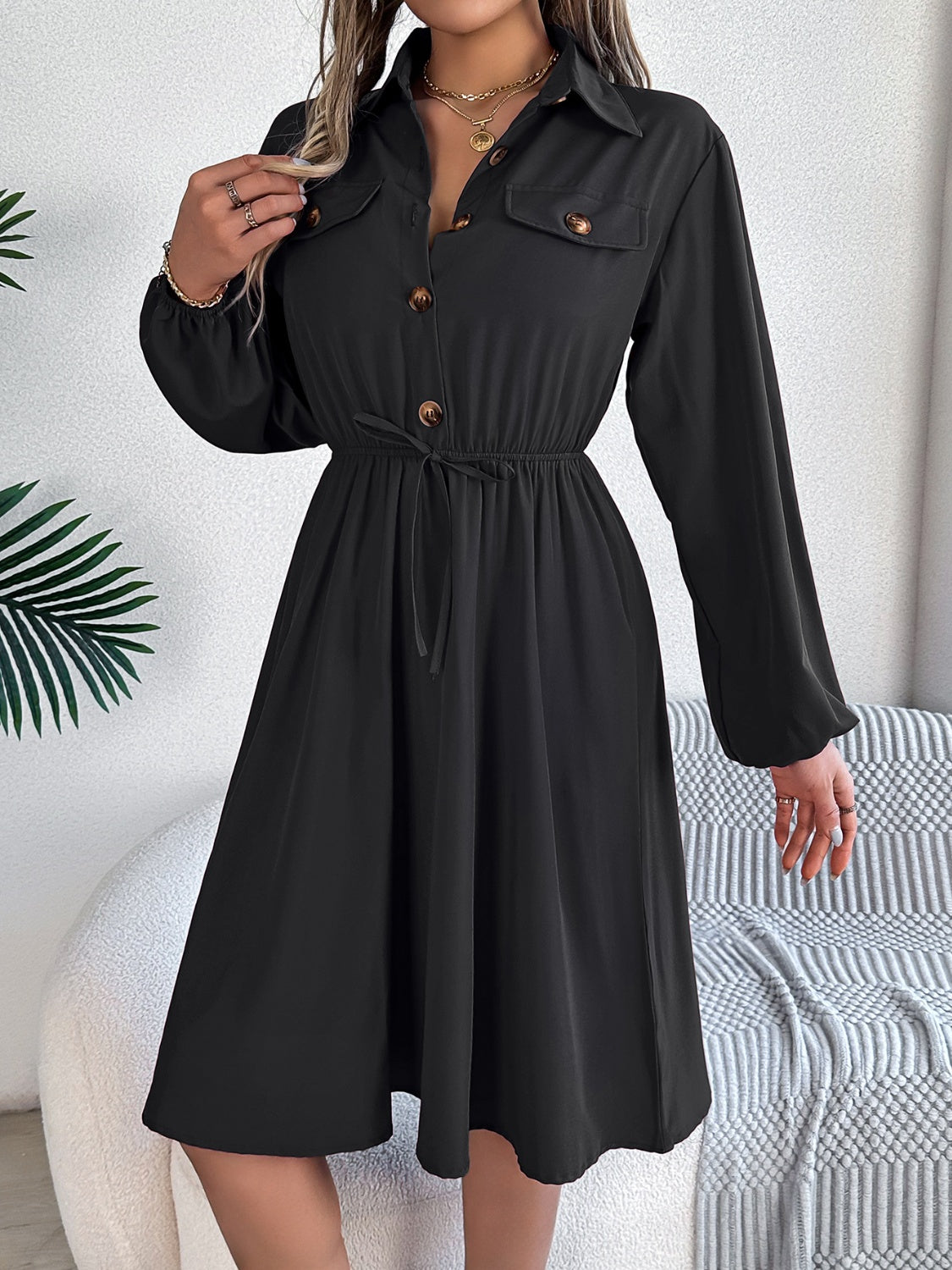 Collared Neck Long Sleeve Dress with Pockets - Classique Collection
