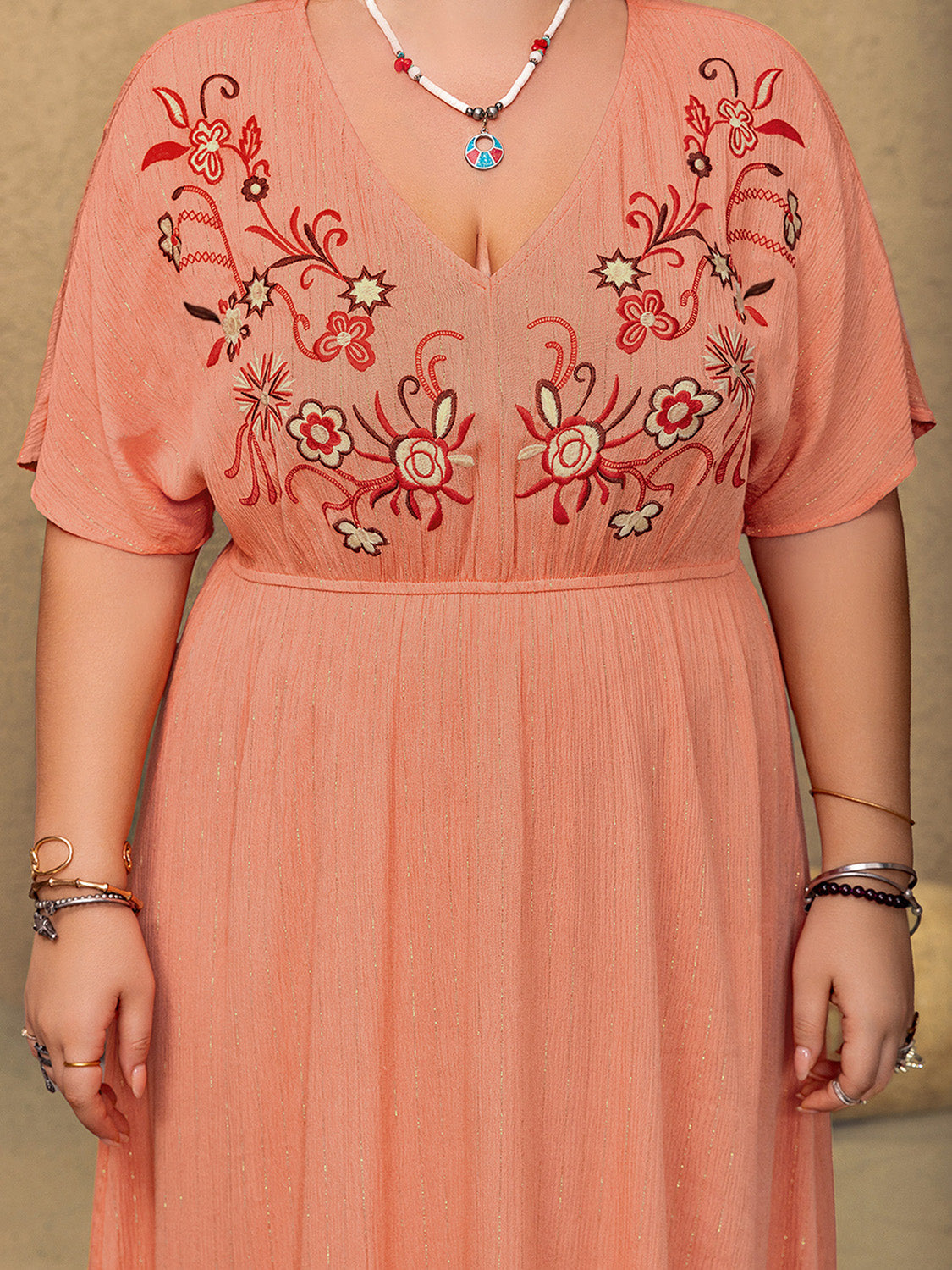 Plus Size Frill Embroidered V-Neck Half Sleeve Maxi Dress - Classique Collection