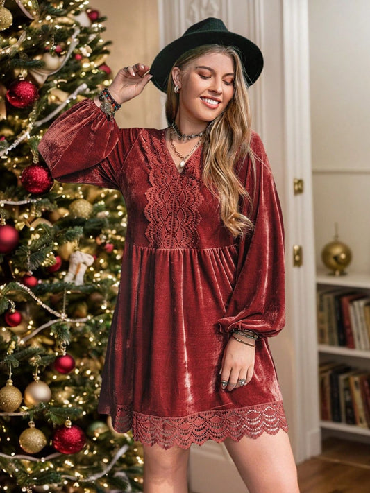 Plus Size Lace Detail V-Neck Long Sleeve Mini Dress - Classique Collection