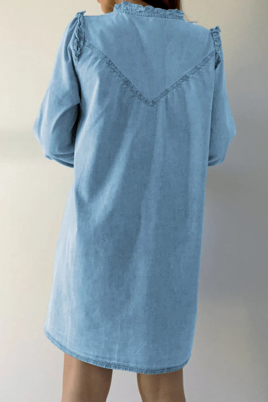 Button Up Notched Long Sleeve Denim Dress - Classique Collection