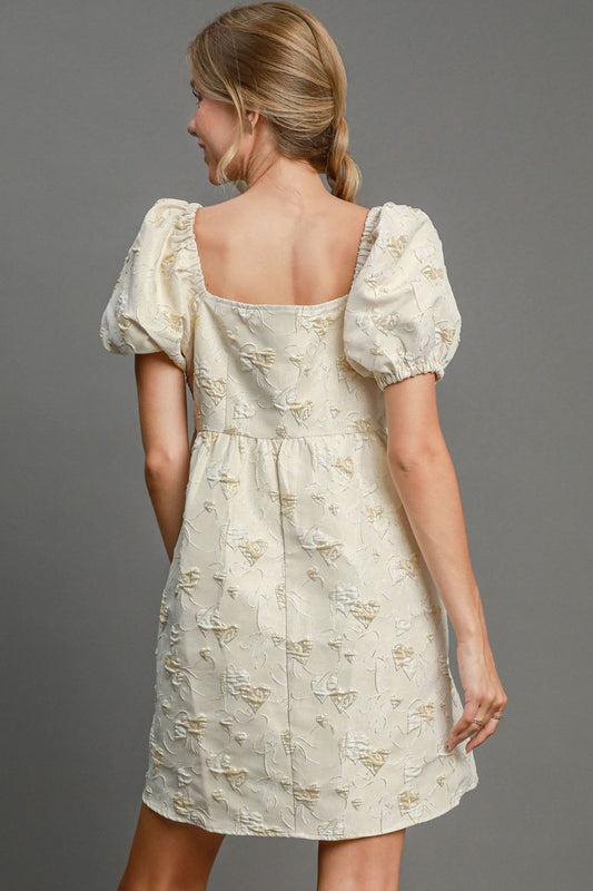 Umgee Heart Jacquard Square Neck Puff Sleeve Mini Dress - Classique Collection