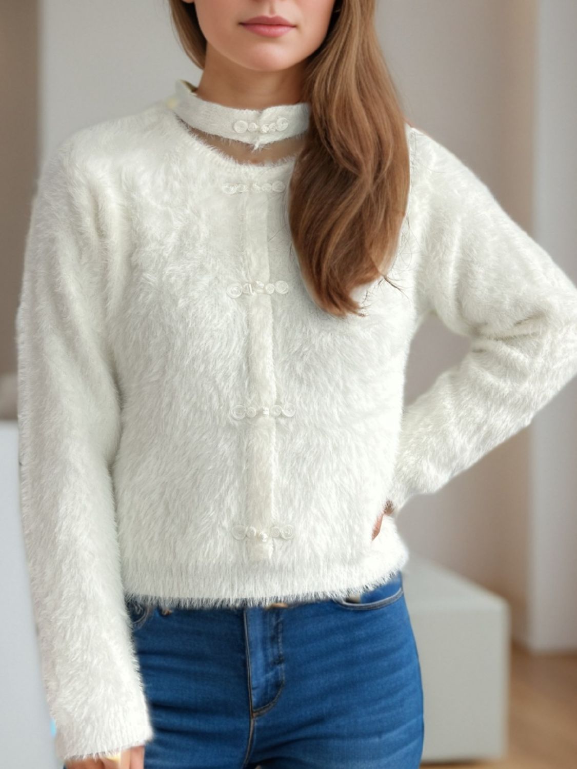 Cutout Knot Button Long Sleeve Cardigan - ClassiQ