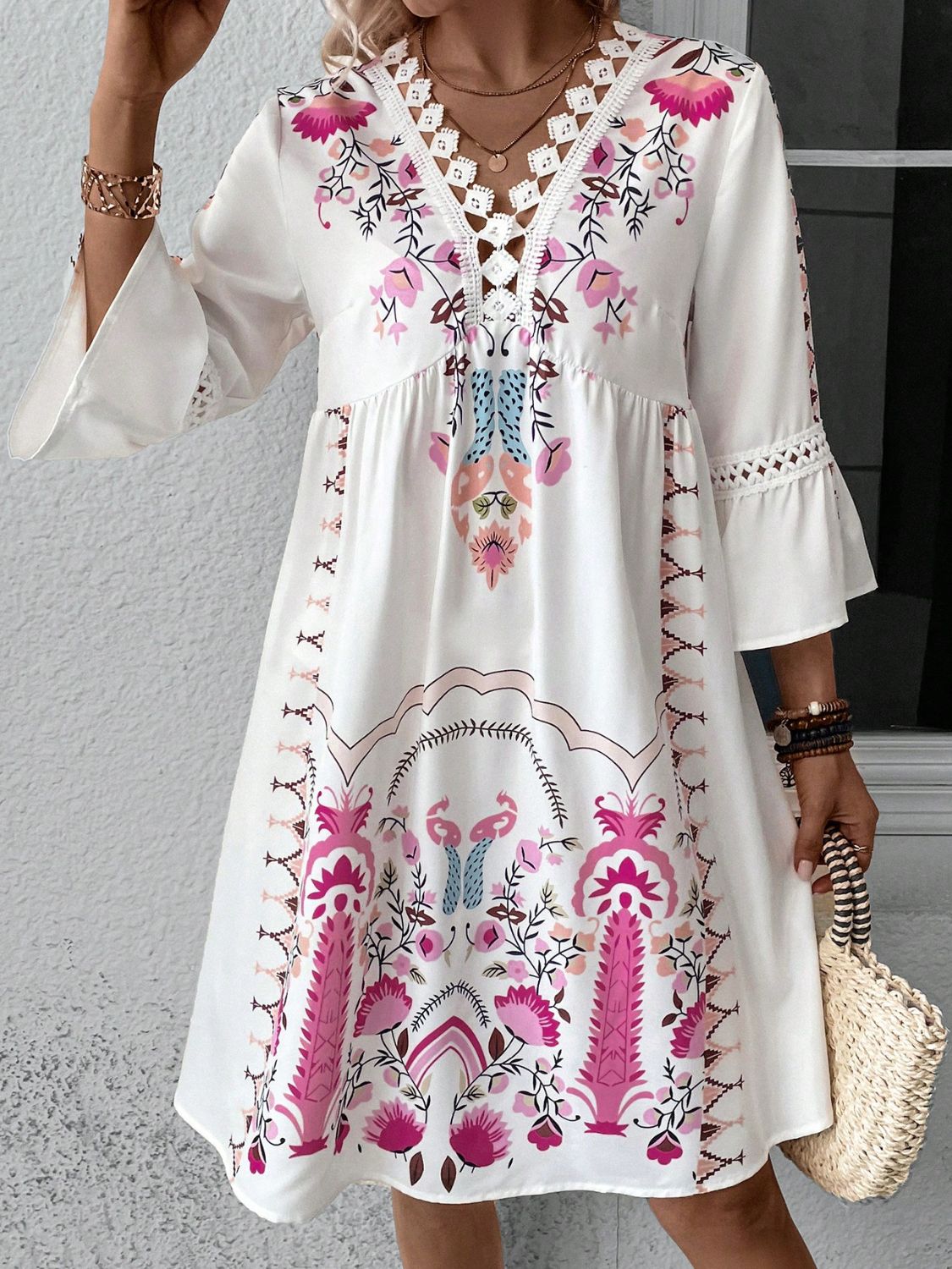 Lace Detail Printed Three-Quarter Sleeve Dress - Classique Collection