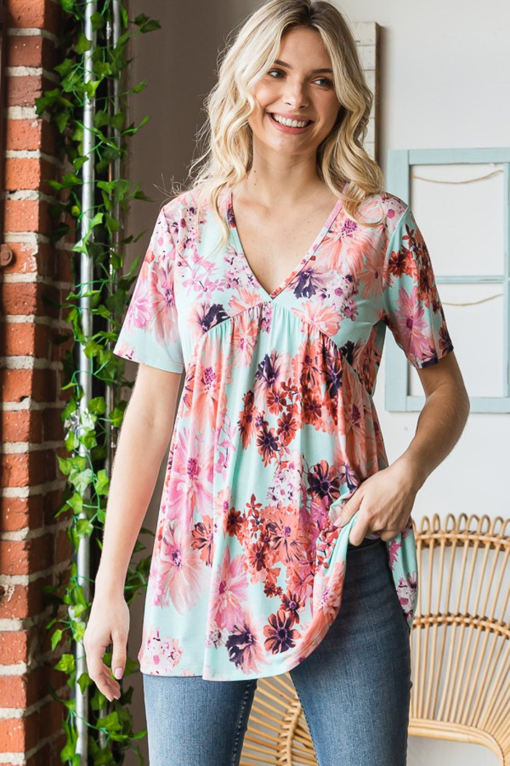 Heimish Full Size Floral V-Neck Short Sleeve Babydoll Blouse - Classique Collection