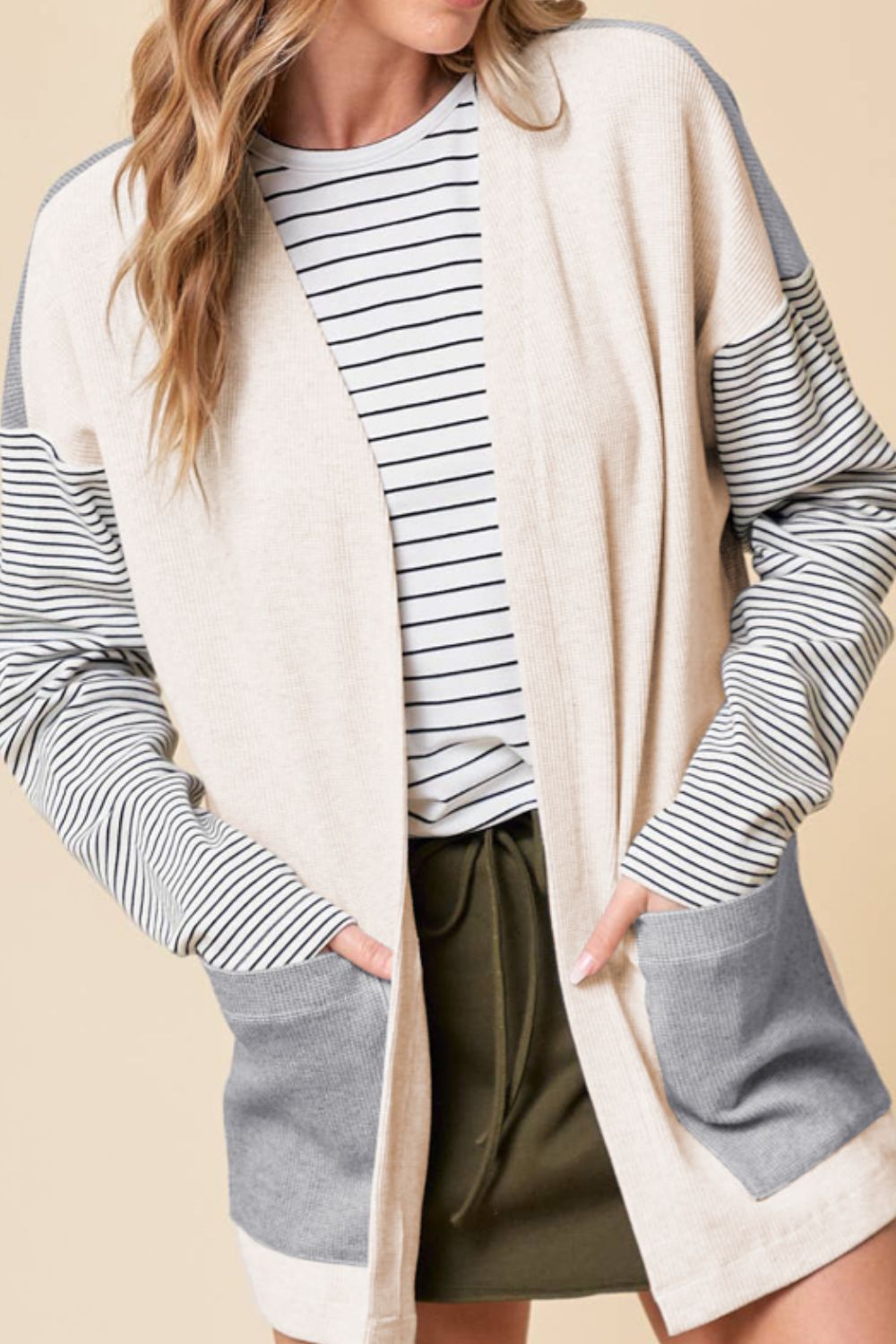 Open Front Long Sleeve Striped Cardigan with Pockets - Classique Collection