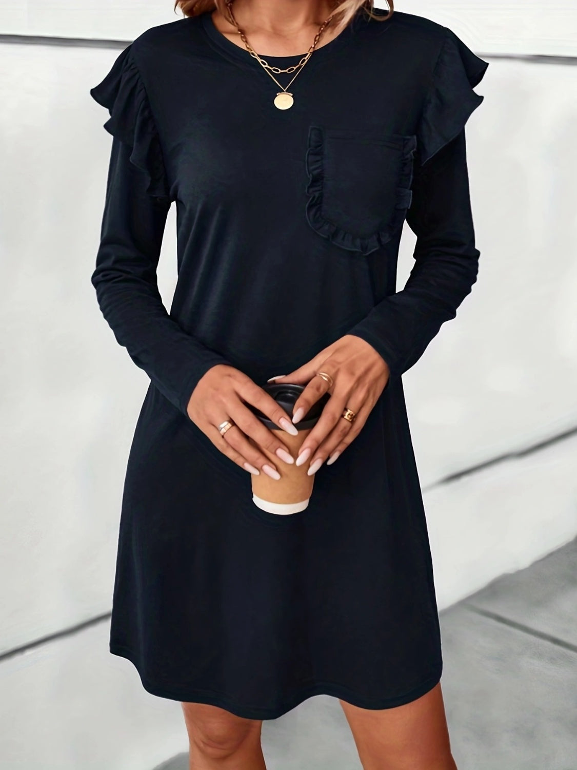 Ruffled Round Neck Long Sleeve Mini Dress - Classique Collection