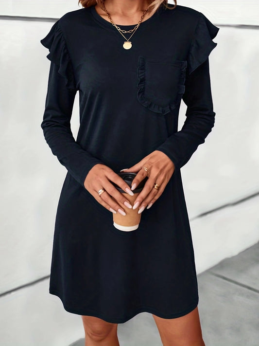 Ruffled Round Neck Long Sleeve Mini Dress - Classique Collection