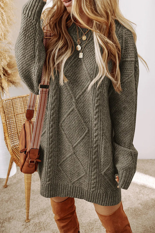 Cable-Knit Round Neck Sweater Dress - Classique Collection