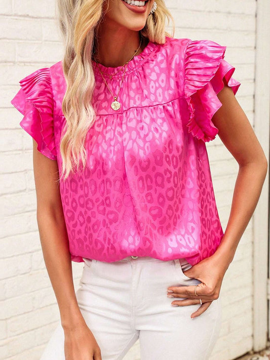 Leopard Frill Mock Neck Ruffled Cap Sleeve Top - Classique Collection