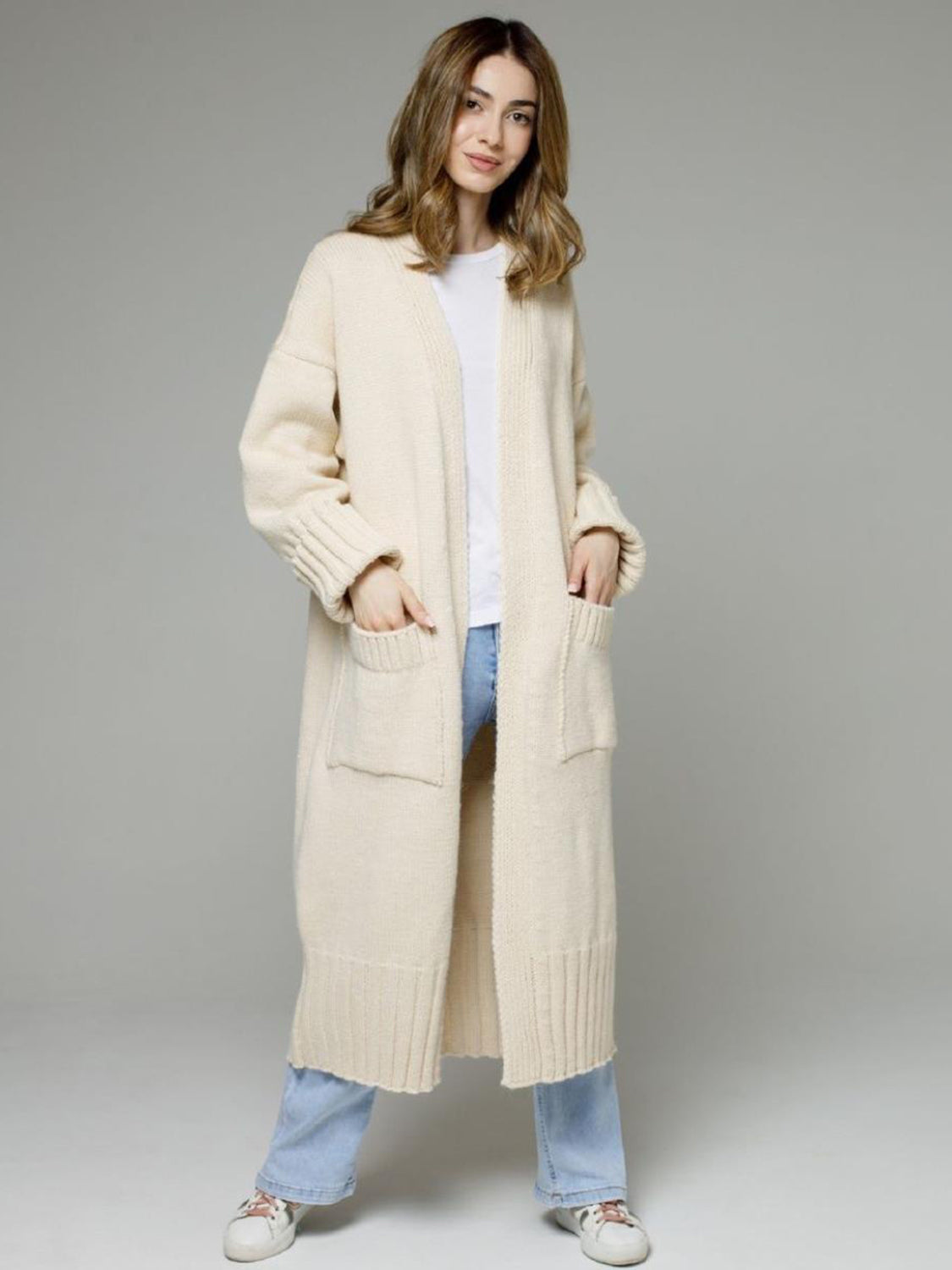 Pocketed Open Front Dropped Shoulder Cardigan - Classique Collection